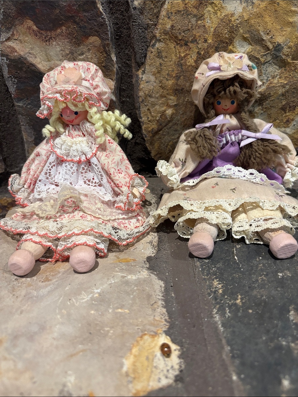 Pair of Vintage Clothes pin Dolls in Pink and Lavender Dress. Hand made.